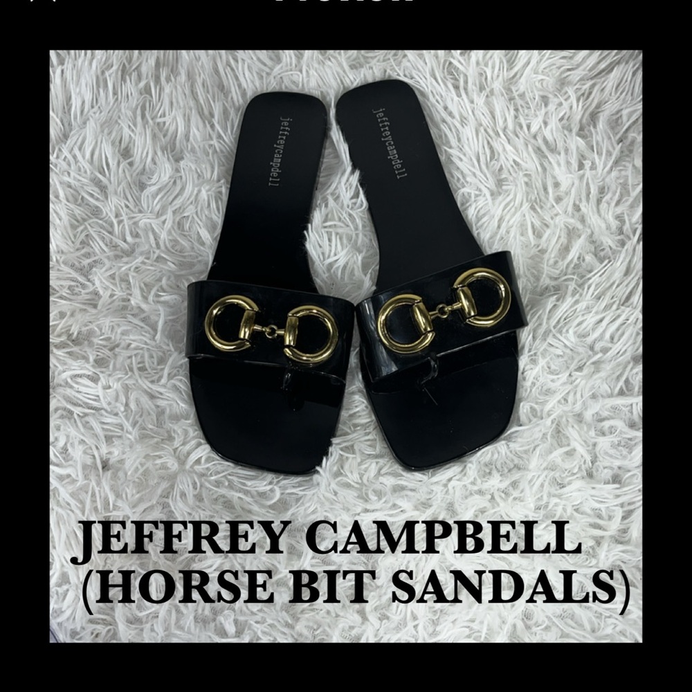 Jeffrey Campbell Black Sandals with Chunky Gold Horsebit Accents